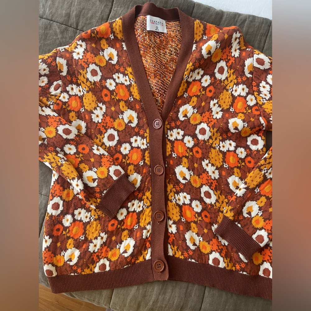 Floral Patterned Cardigan Sweater - Brown and Orange